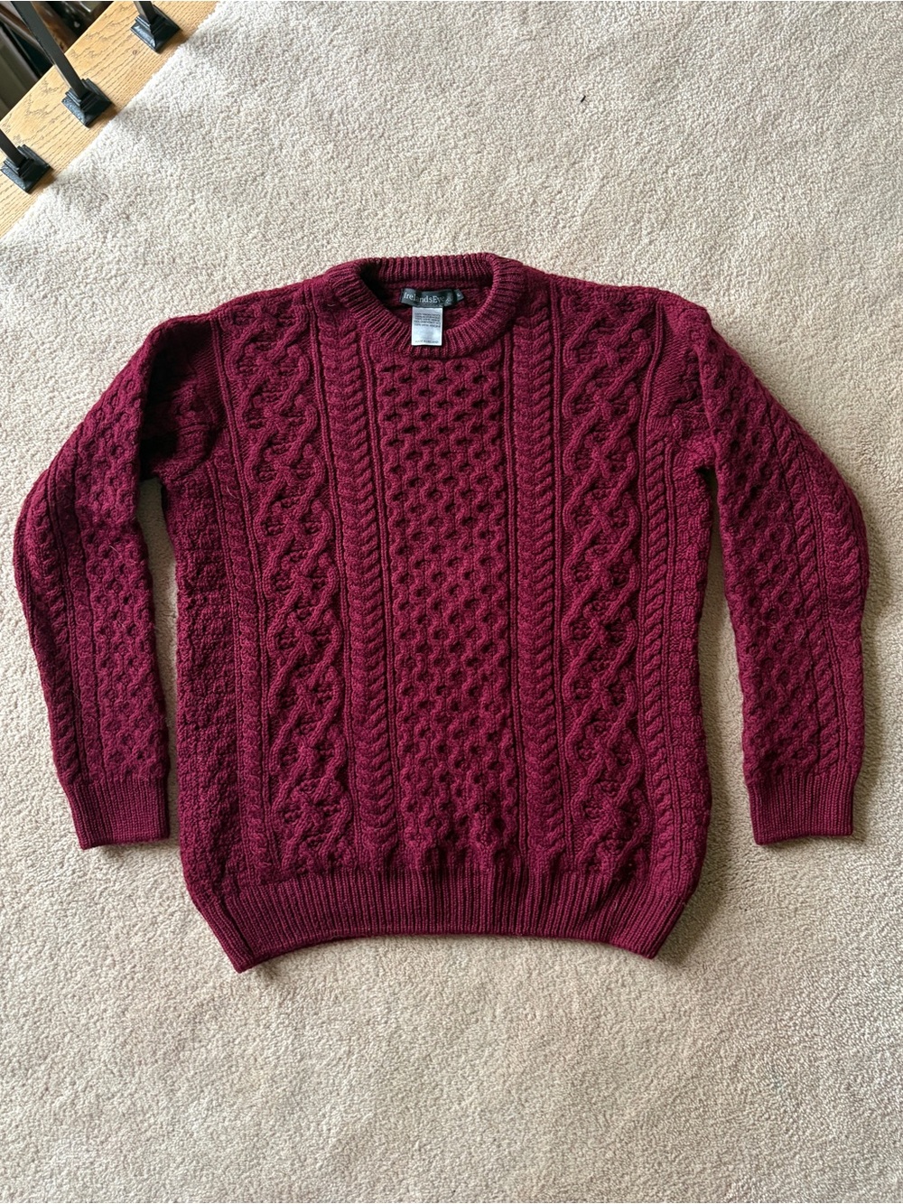 Unisex Cable Knit Crewneck Sweater, Burgundy
